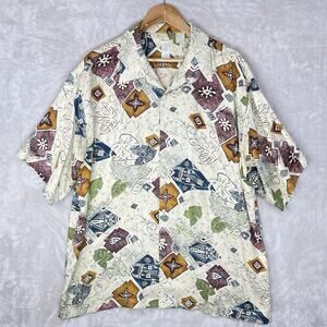 Vtg Burma Bibas Mens XL 100% Silk Button Up Hawaiian White Lotus Cocktail Resort